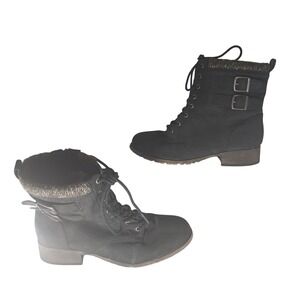 Pop Ricardo Combat Boots 9W Black Knit Trim Buckle Lace Up Side Zip Wide Width